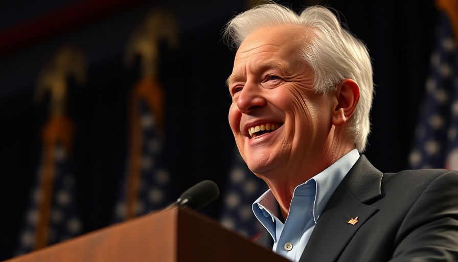 Elderly man speaking at podium with flags in background.