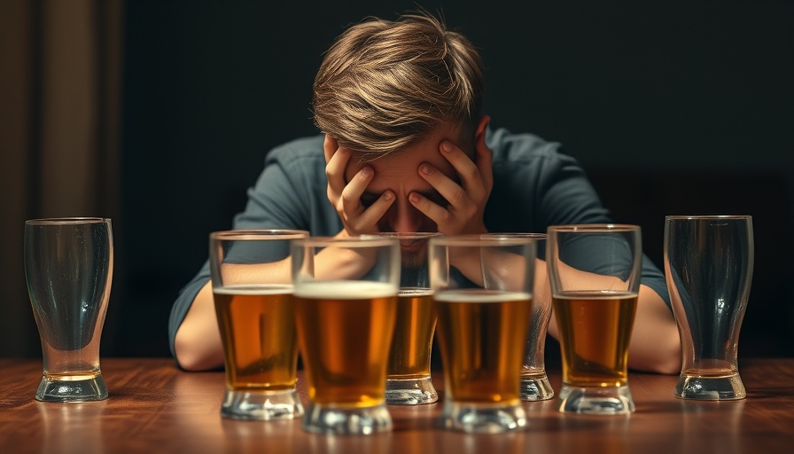 Stressed man with beer glasses, genetic risk alcohol liver damage concern.