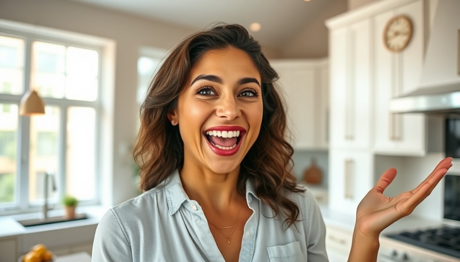 Enthusiastic woman in a kitchen explaining house flipping profit strategies.