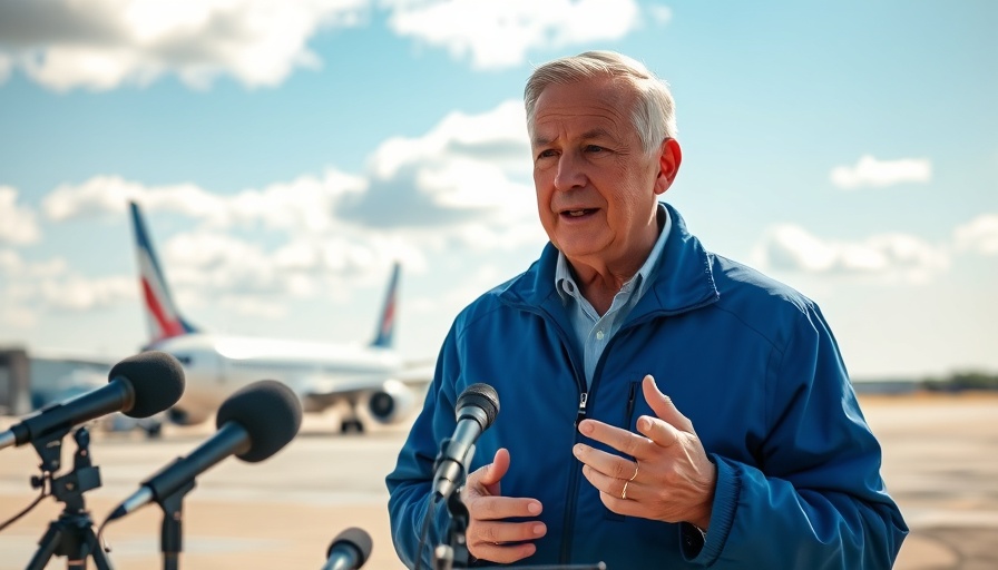 Older man discusses tariff delay on EU goods at airport.