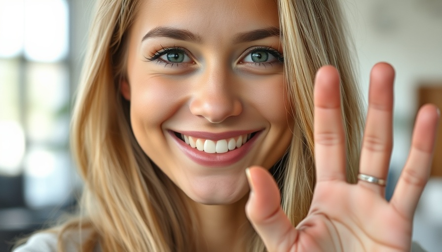 Person with blonde hair smiling indoors, making OK gesture.