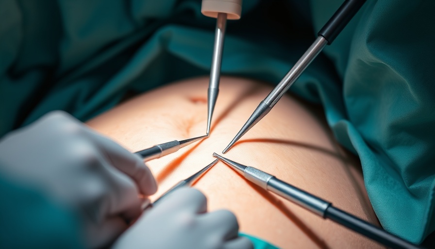 Cholecystectomy procedure showing surgical tools on a patient's abdomen.