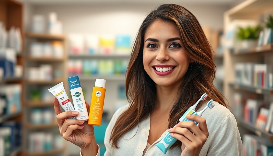 Woman shopping for dental products at CVS, holding items, smiling.