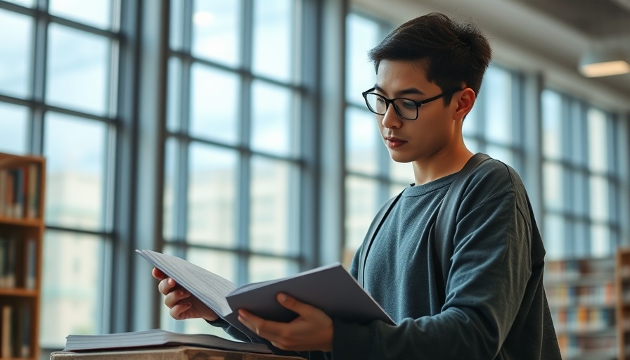 College student studying in a bright library with a laptop and books.