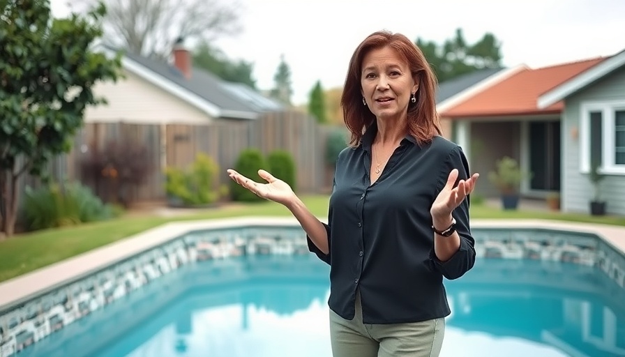 Woman discussing house flip process by pool.