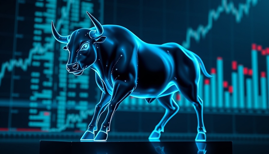 Digital bull over candlestick chart symbolizing Trump impact on stock market.