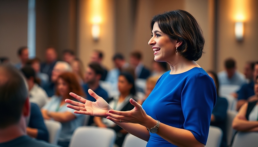 Woman explaining at seminar about fund house flip with no money.