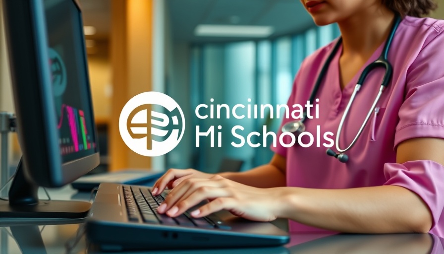 Nurse in pink scrubs at computer with Cincinnati Public Schools logo in focus.