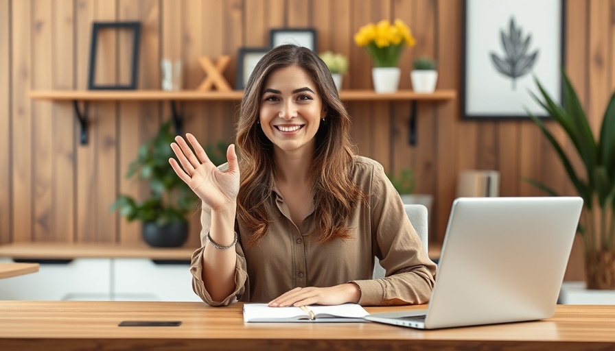 Woman smiling at desk, discussing VA loan closing speed, modern office.