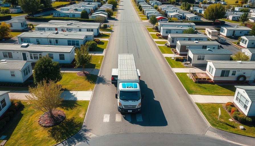 Aerial view of mobile home park, truck moving a new home, sunny day.