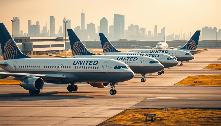 United Airlines airplanes on runway with city skyline.