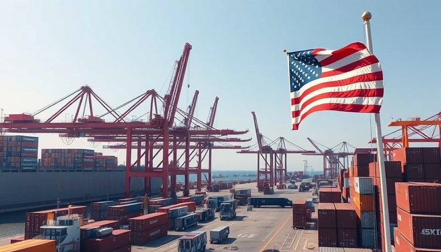 Waving American flag at busy port symbolizing Trump tariffs impact.
