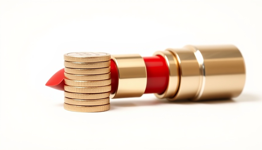 Allure Shopping: Luxurious red lipstick with coins on a white background.