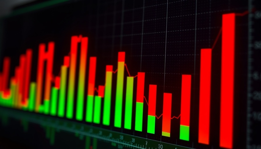 3D stock market graph with green and red bars symbolizing volatility