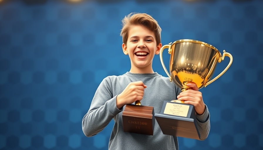Faizan Zaki with Scripps National Spelling Bee trophy on stage.