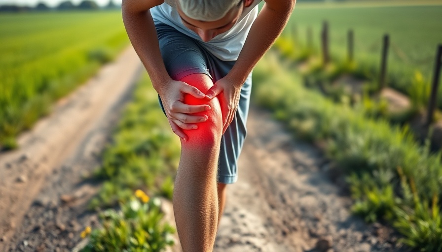 Man with knee discomfort on rural path for knee health.