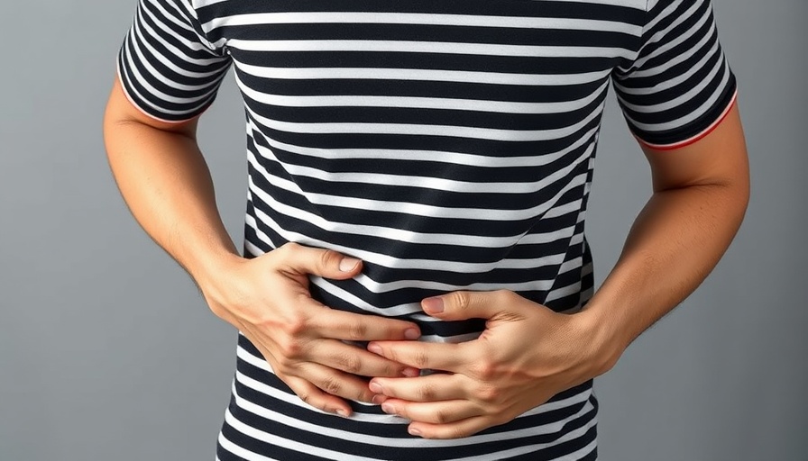 Person showing discomfort in striped shirt, potential UTI symptom.