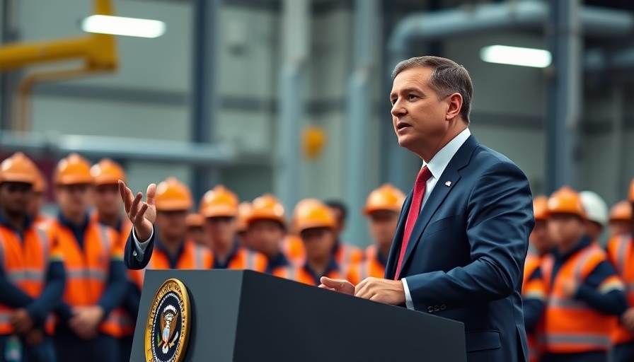 Speaker discusses Trump tariffs on steel imports at podium.