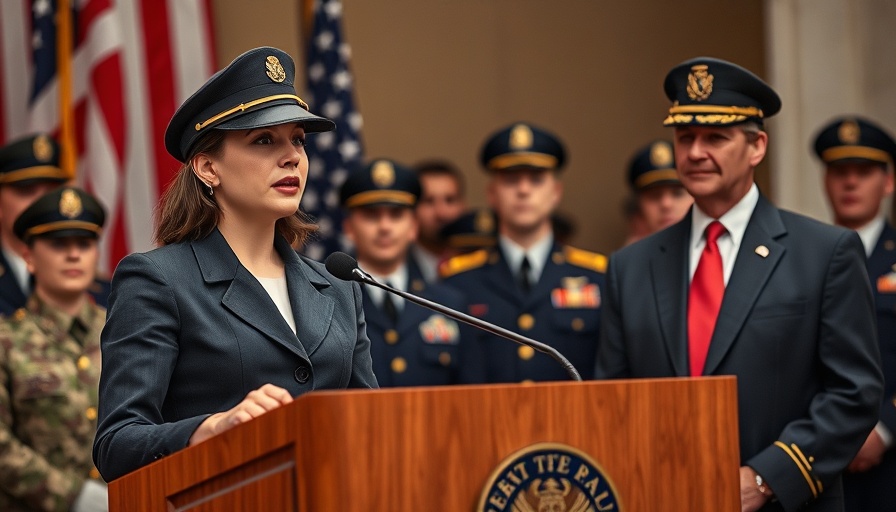Woman speaks at podium with Trump, soldiers in background.