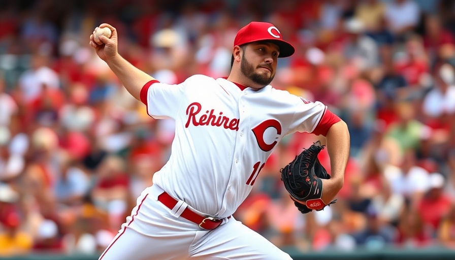 Reds pitcher mid-pitch against Cubs one-hit shutout backdrop.