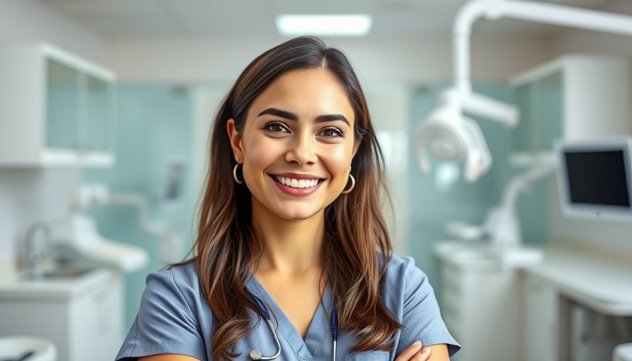 Speedy dental hygienist smiling confidently in a modern office.