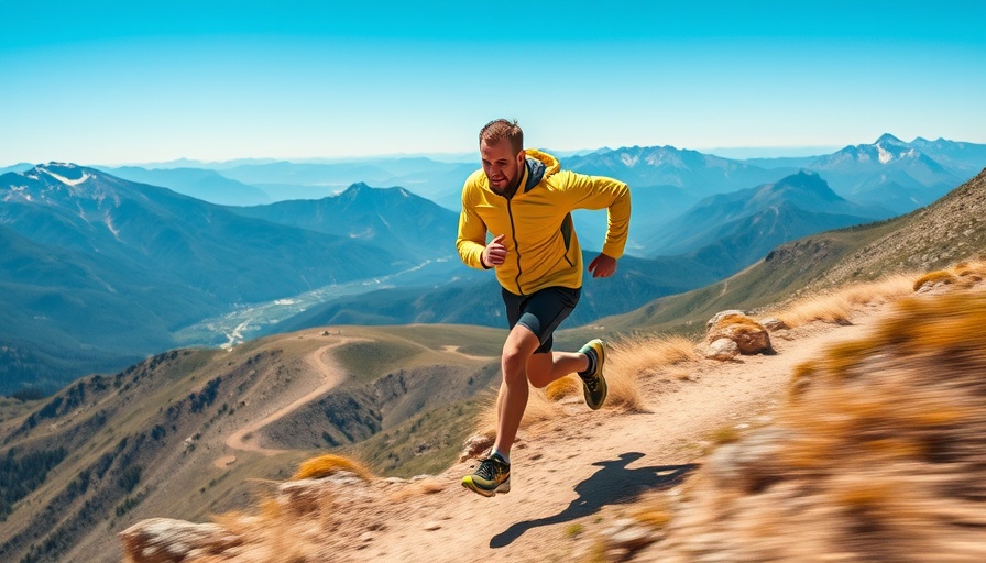Ultramarathon runner in yellow jacket running uphill on scenic mountain trail.