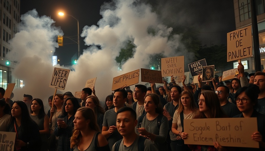 Protestors with signs expressing urgency at night rally amid smoke.