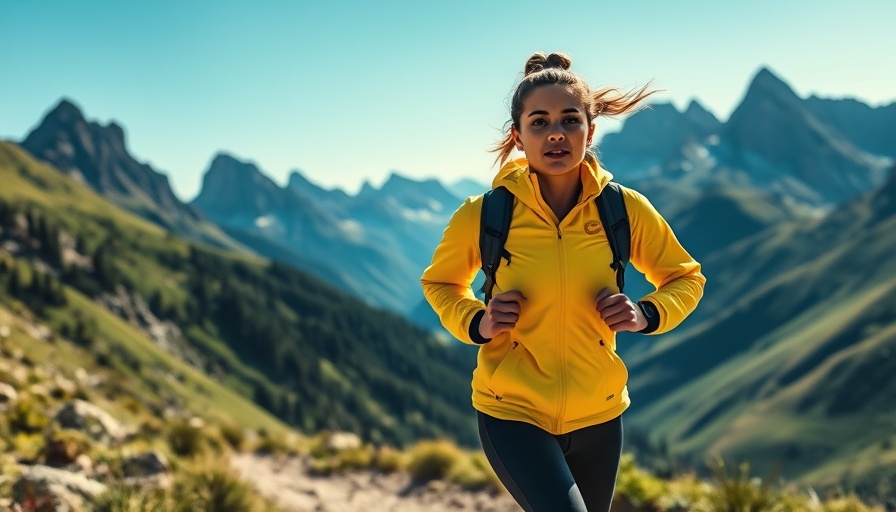 Mom runner in yellow jacket runs through mountains.