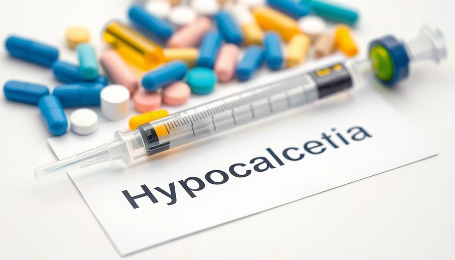 Colorful pills and syringe on 'Hypocalcemia' paper, increased risk of hypocalcemia after thyroid surgery.