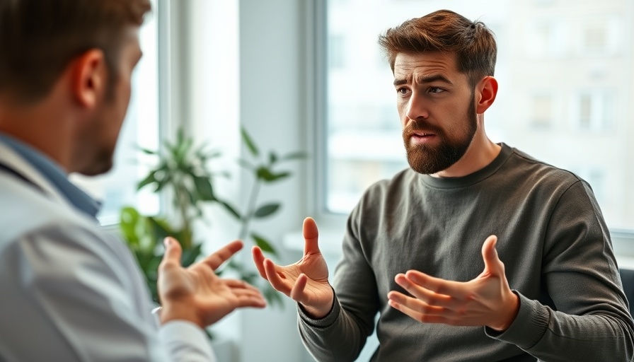 Concerned man discusses high blood pressure health concerns in clinic.