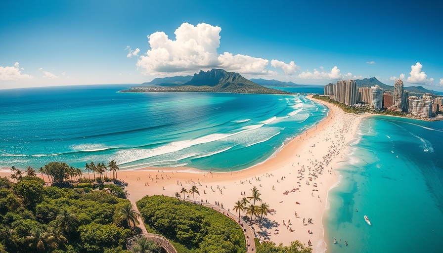 Aerial view of Waikiki Beach and Diamond Head with tourists, Hawaii Green Tax.