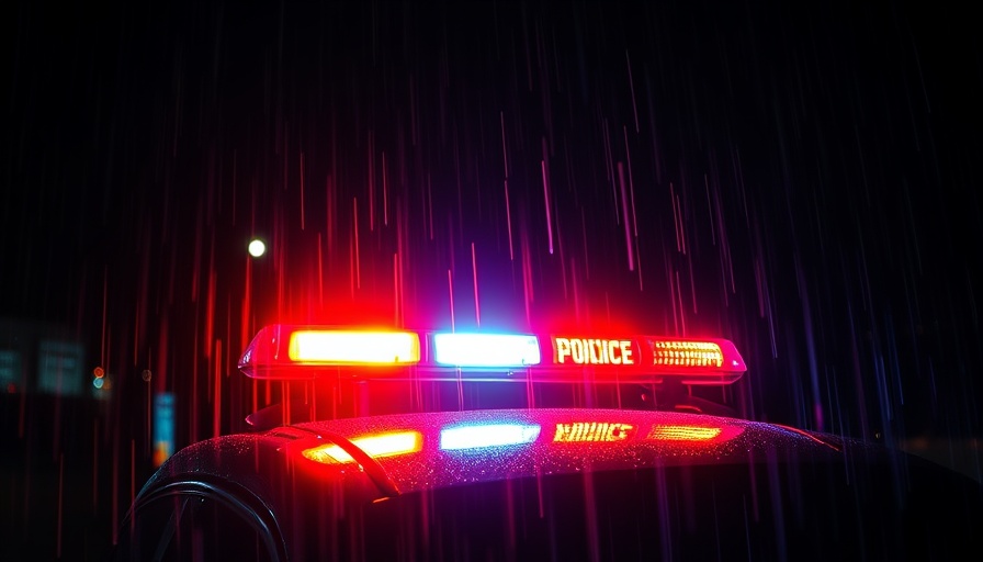 Police lights in the rain reflecting on a dark night, Jonathan Joss death.