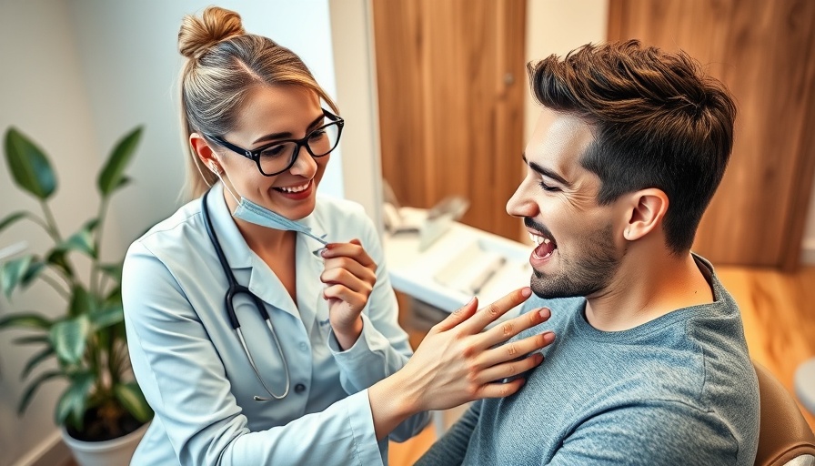 Dentist advising patient on flossing for brain health in clinic.