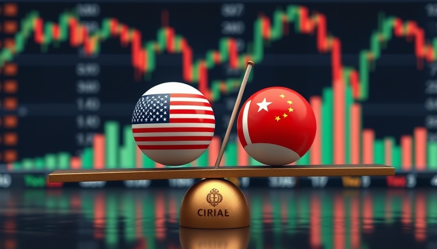 Stock market trade war visual with USA and China spheres on seesaw.
