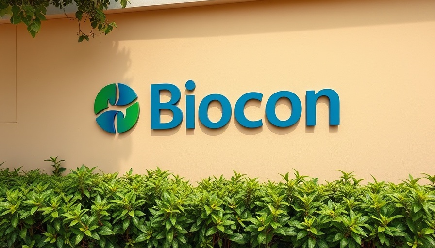 Biocon company logo on a beige wall with foliage, related to CDSCO approval.