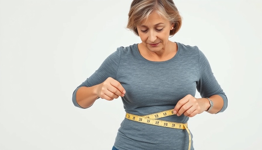 Mature woman measuring her waist, highlighting health concerns related to maternal obesity.