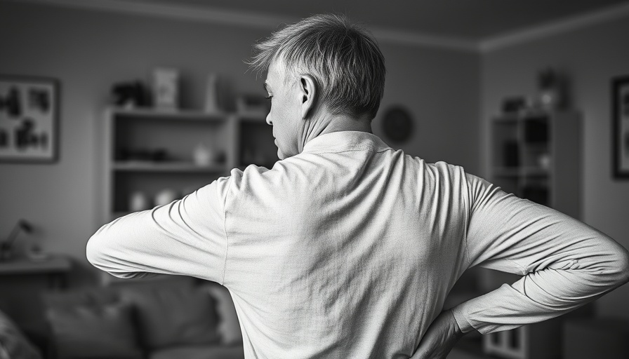 Middle-aged man with chronic back pain, grayscale image.