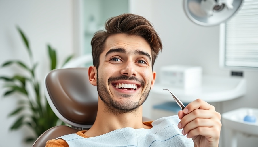 Humor in Dental Anxiety: Smiling young man in dental chair in lighthearted setting.