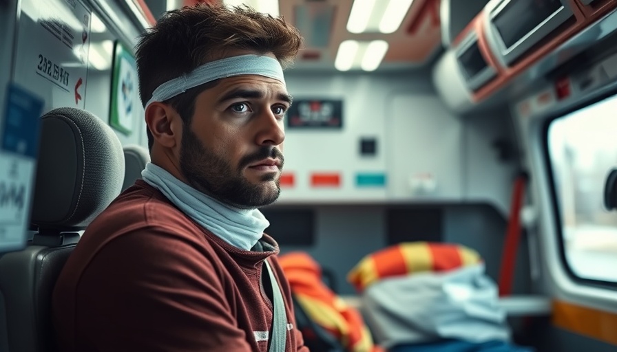 Injured man receiving care in an ambulance.