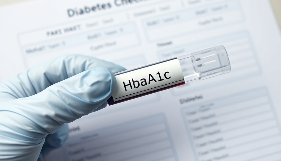 Gloved hand holding HbA1c test tube over diabetes checklist.