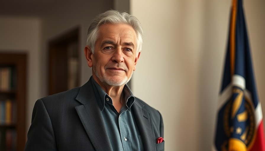 Distinguished man confidently standing near a flag indoors
