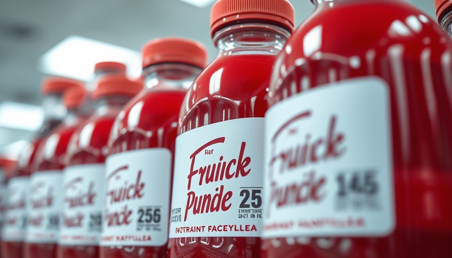 Red fruit punch bottles aligned on store shelf, Texas bill warning labels snack foods.