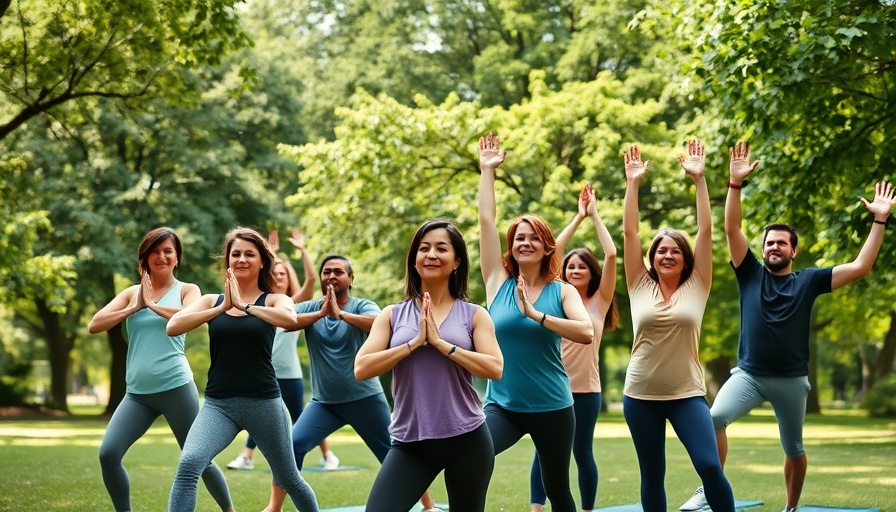Group doing yoga in park, promoting retirement healthcare planning strategies.