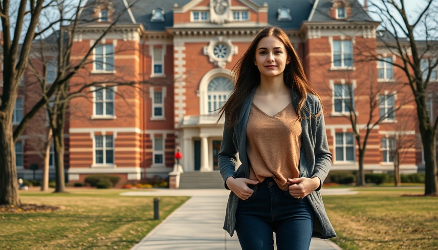 Harvard campus, young woman walking by historic building