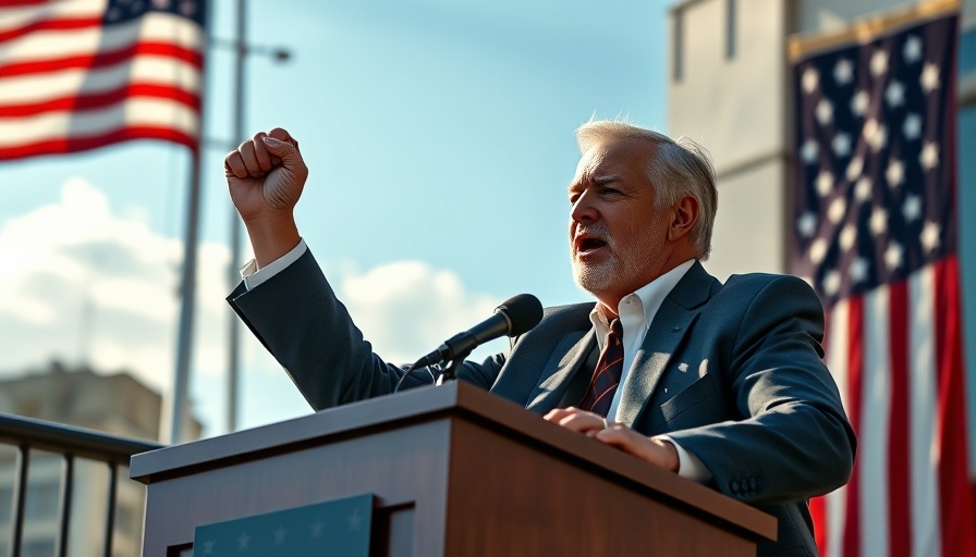 Confident man speaking at podium with fist raised, USA flag backdrop.