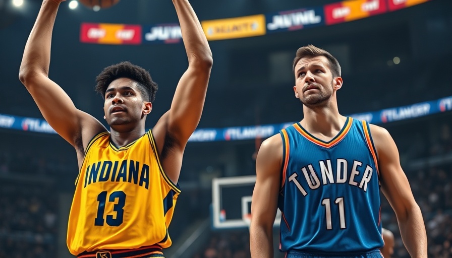 Intense NBA Finals game preview showing basketball players from Indiana and Thunder.