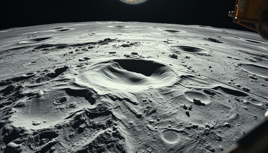 Private lunar lander mission view, lunar surface and crater.