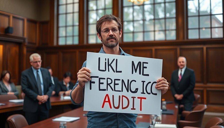 Newport School District meeting with a protest sign demanding forensic audit.
