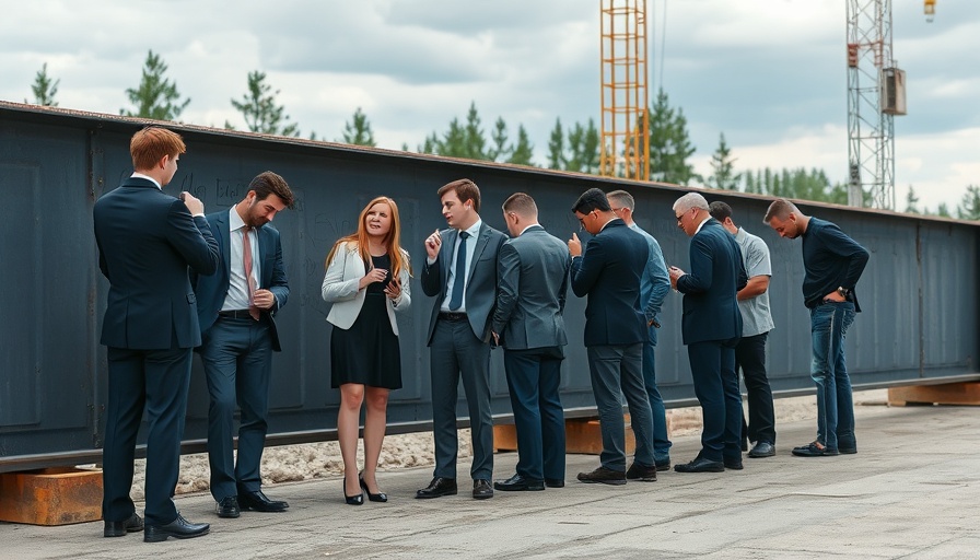Formal group writing on construction beam at site under cloudy sky