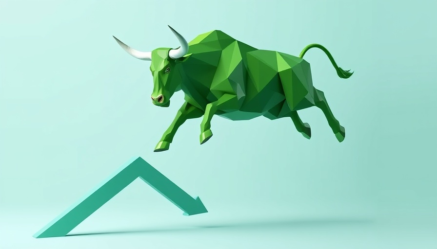 Geometric green bull and upward chart arrow symbolizing stock market trends.